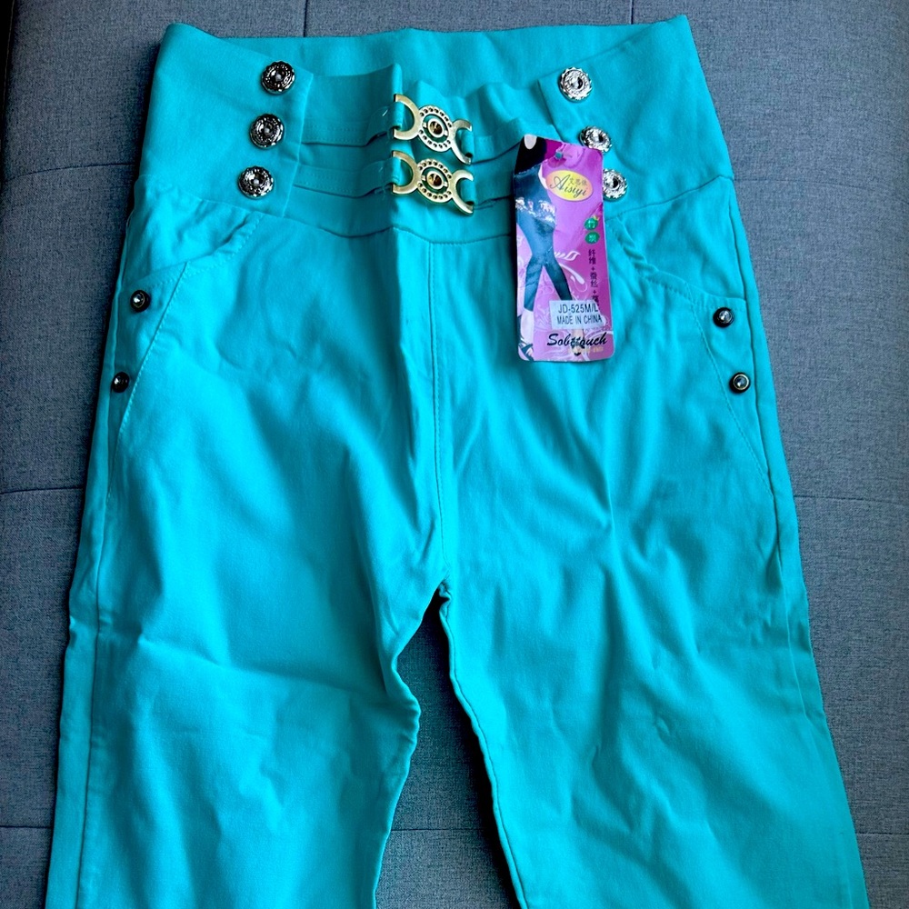 Teal capri stretchy pants with gold details